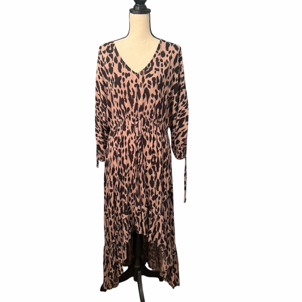 Umgee NEW Women's Brown Black Animal Print High Low Dress Sz L Cinched Waist